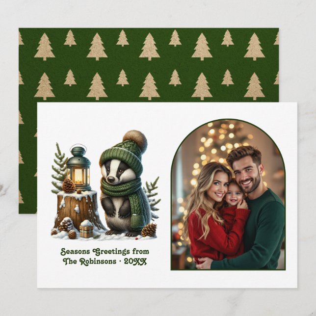 Woodland Badger Cozy Forest Christmas Magic Photo Julkort (Fram/baksida)