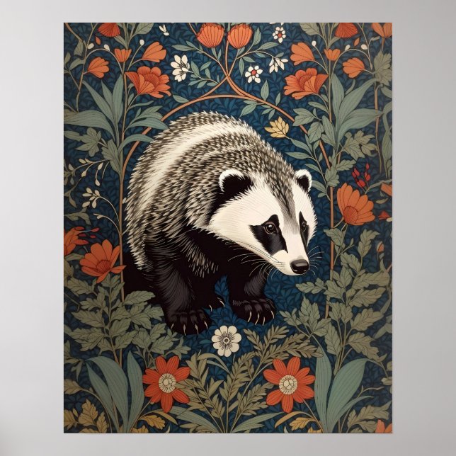 Woodland Badger William Morris Inspired Poster (Framsidan)
