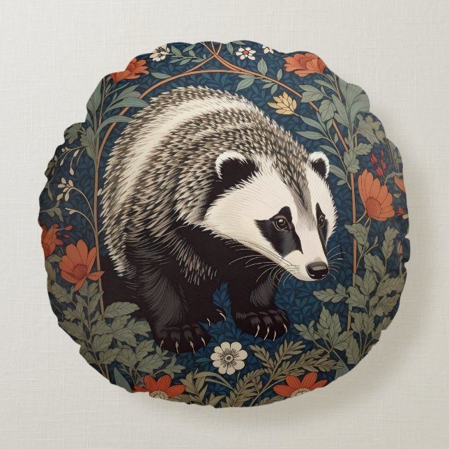 Woodland Badger William Morris Inspired Rund Kudde (Framsidan)