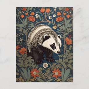 Woodland Badger William Morris Inspired Vykort