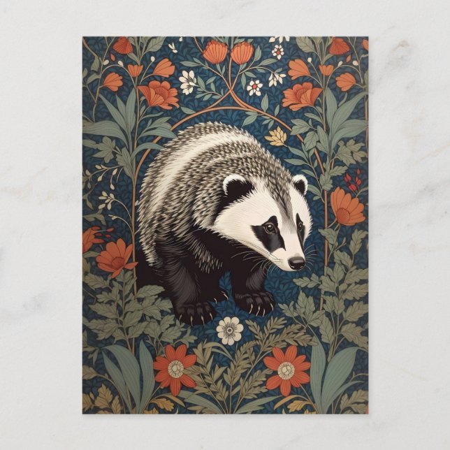 Woodland Badger William Morris Inspired Vykort (Framsida)