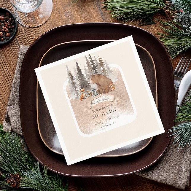 Woodland Bear |Animaliska babybabyskor för tidig v Pappersservett (Rustic Woodland Bear and Forest Animals Boy "Bearly Wait" Baby Shower Paper Napkins)