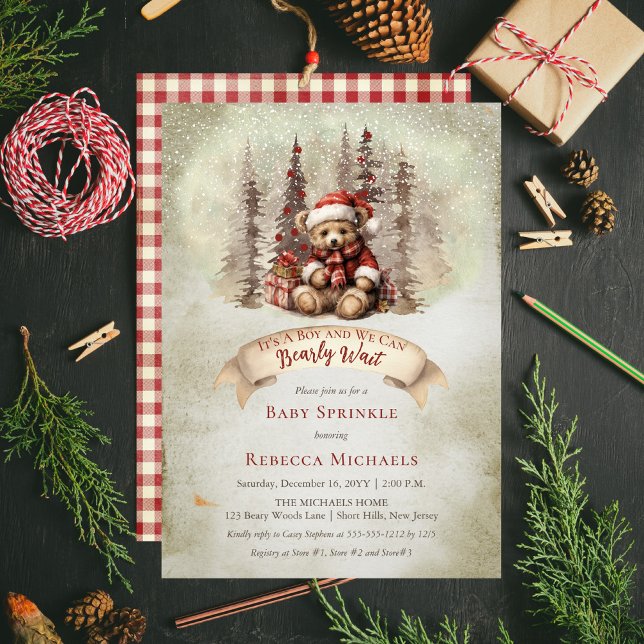 Woodland Bear Barly Wait Helgdag Baby Sprinkle Inbjudningar ("It's A Boy and We Can Bearly Wait" Baby Sprinkle rustic woodland Christmas invite design)