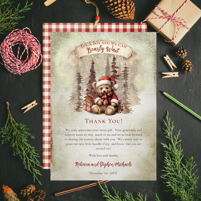 Woodland Bear Barly Wait Helgdag Boy Baby Shower Tack Kort ("It's A Boy and We Can Bearly Wait" Baby Shower rustic woodland Christmas Thank You card)