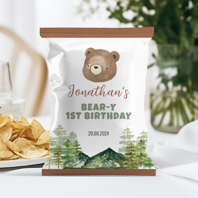 Woodland Bear Boy 1st Birthday Chip Bag Wrapper Reklamblad (Skapare uppladdad)