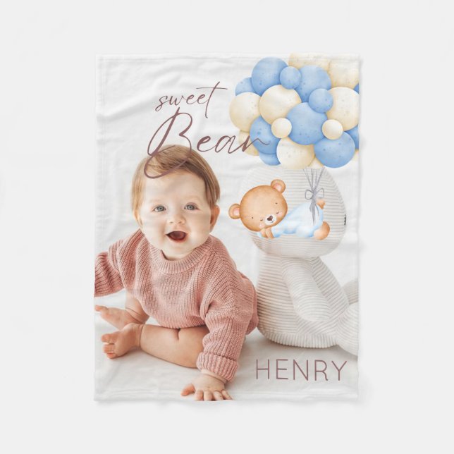 Woodland Bear Boy 1st Birthday Party Pastel Photo Fleecefilt (Framsidan)