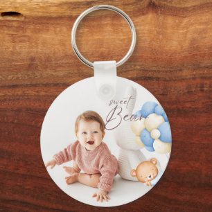 Woodland Bear Boy 1st Birthday Party Pastel Photo Nyckelring