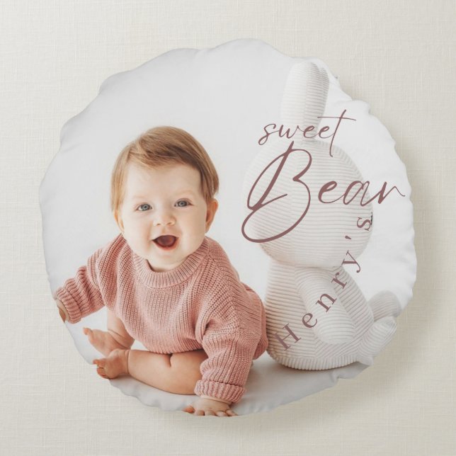 Woodland Bear Boy 1st Birthday Party Pastel Photo Rund Kudde (Baksidan)