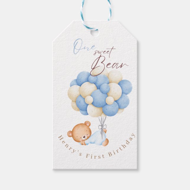 Woodland Bear Boy 1st Birthday Party Pastel Presentetikett (Framsidan)