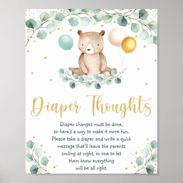 Woodland Bear Greenery Guld Diaper Thoughts Sign Poster (Framsidan)