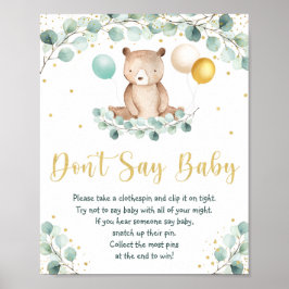 Woodland Bear Greenery Guld Säg inte Baby Game Poster