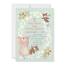 Woodland Bear hat-duschinbjudningar i flicka