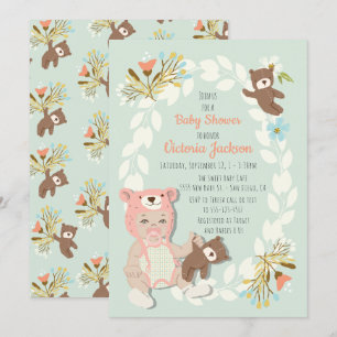 Woodland Bear hat-duschinbjudningar i flicka Inbjudningar