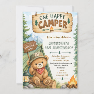 Woodland Bear One Happy Camper 1-årsdag Inbjudningar