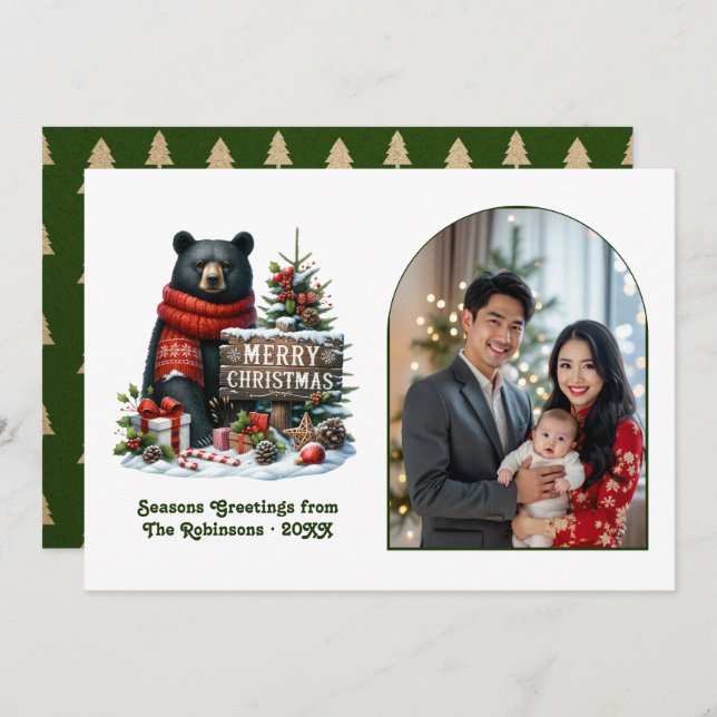 Woodland Bear Rustic Forest Christmas Magic Photo Julkort (Fram/baksida)