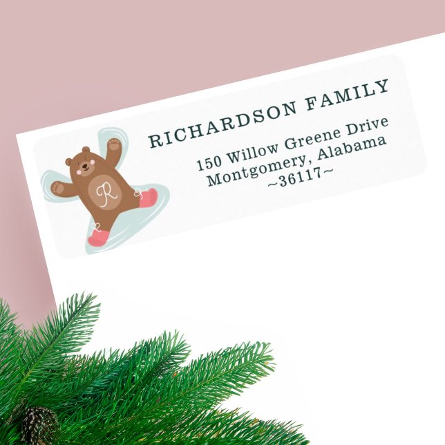 Woodland Bear Snö Angel Monogram Adress Returadress Etikett (Woodland Bear Snow Angel Monogram Address Label)
