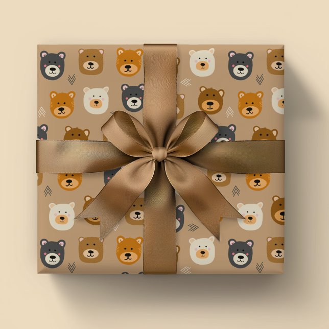 Woodland Bear söta barn Presentpapper (Cute bear head wrapping paper rolls ideal for boys birthday, new baby gifts or baby shower)