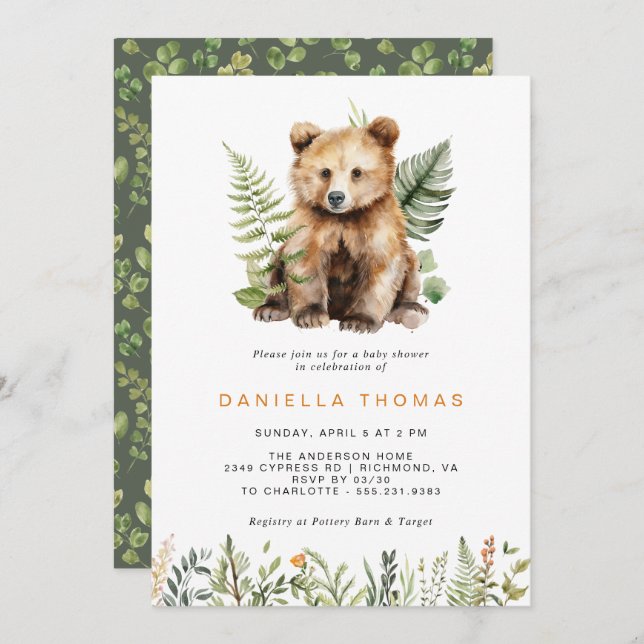 Woodland Bear Unge | Modern Neutralt Babykläder Inbjudningar (Fram/baksida)