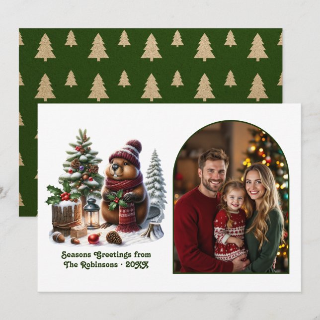 Woodland Beaver Cozy Forest Christmas Magic Photo Julkort (Fram/baksida)