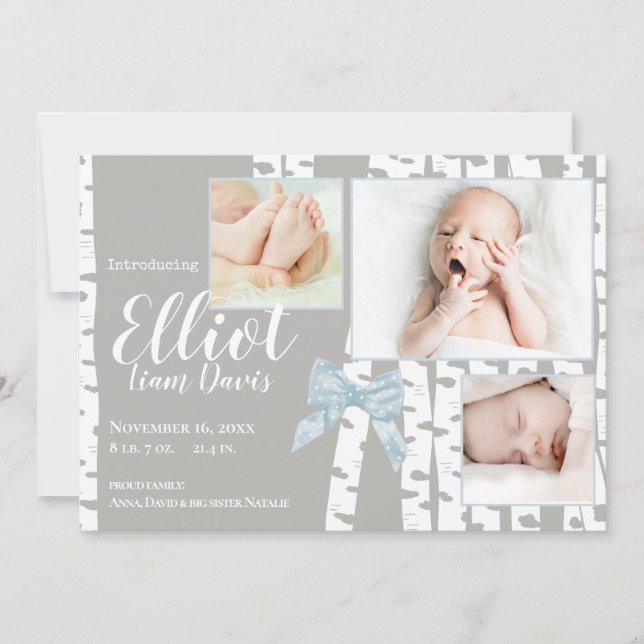 Woodland Birch och Bow Baby Birth med foton Meddelande (Framsida)