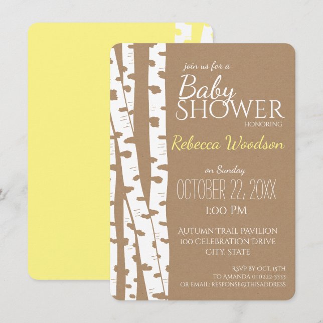 Woodland Birch Träd Rustic Baby Shower Inbjudningar (Fram/baksida)