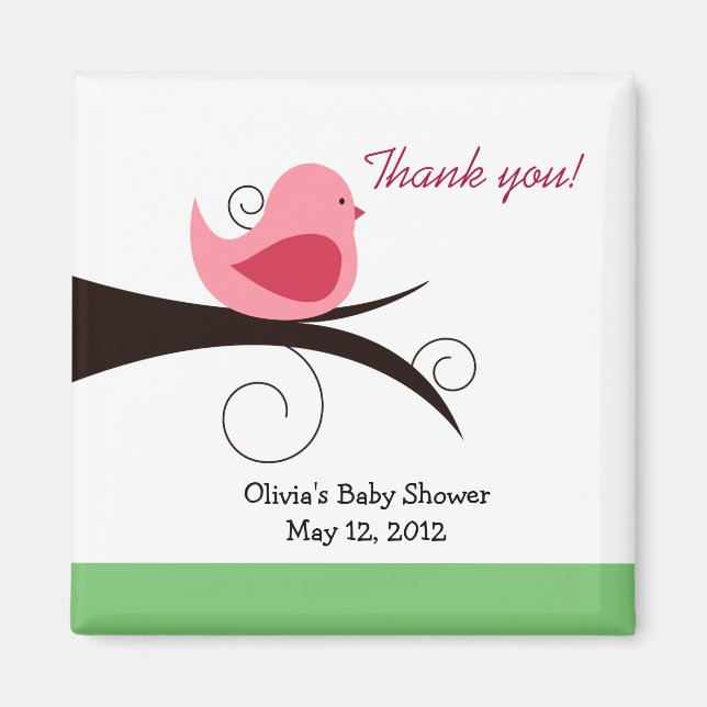 Woodland Birdie (Rosa) Baby Shower Favor Magnet (Framsidan)