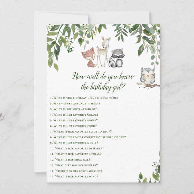 Woodland Birthday Game - som känner Birthday Girl Inbjudningar (Framsida)