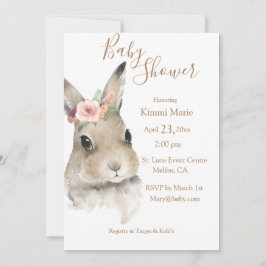 Woodland Blommigt Bunny Watercolor Script Baby Inbjudningar