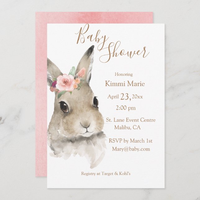 Woodland Blommigt Bunny Watercolor Script Baby Inbjudningar (Fram/baksida)