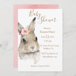 Woodland Blommigt Bunny Watercolor Script Baby Inbjudningar
