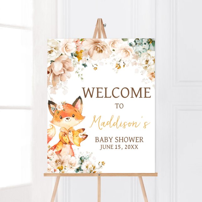 Woodland Blommigt Fox Baby Shower Välkommen Poster (Fox Baby Shower Welcome Sign)