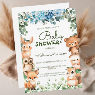Woodland Blommigt Greenery Forest Animal Baby Show Inbjudningar
