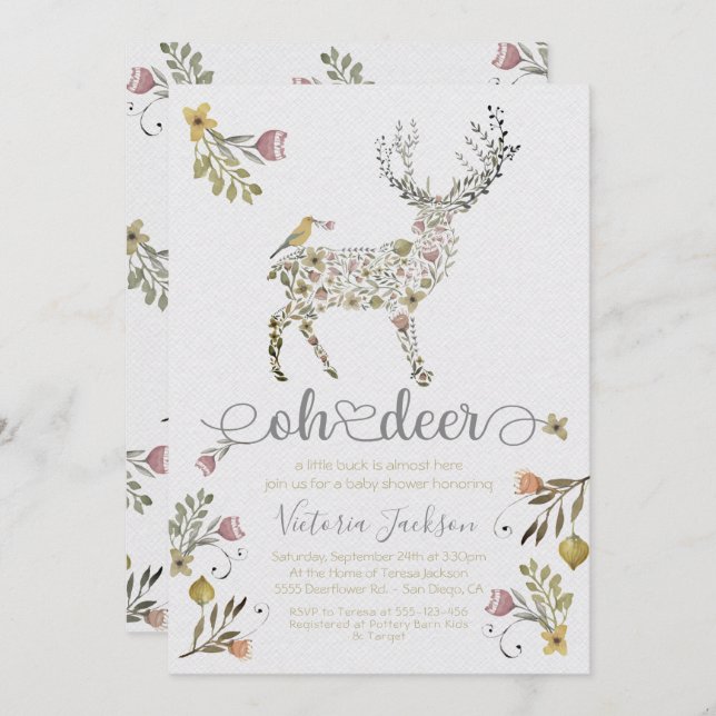 Woodland Blommigt Oh Hjort Baby Shower-inbjudan Inbjudningar (Fram/baksida)