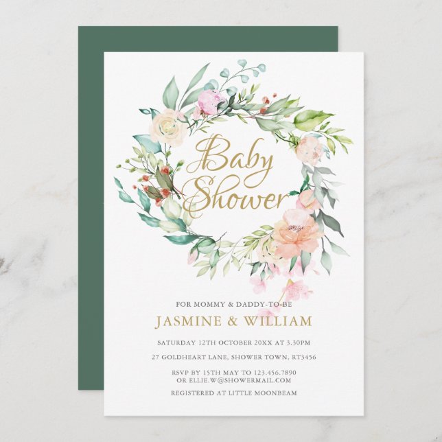 Woodland Blommigt Ro Par Baby Shower/Sprinkle Inbjudningar (Fram/baksida)