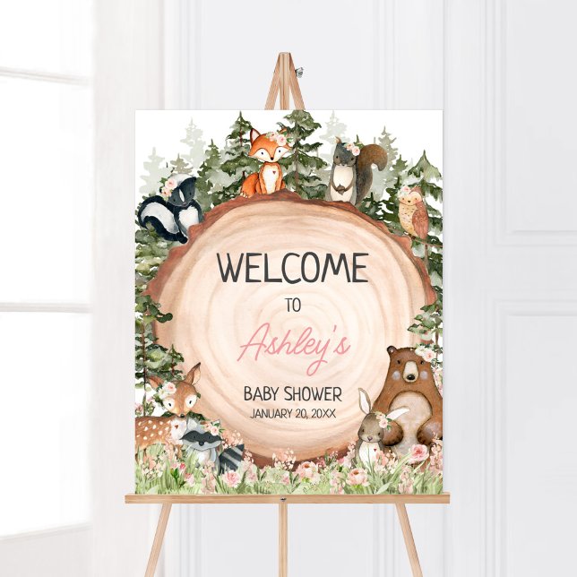 Woodland Blommigt Wood Slice Välkommen Poster (Floral Woodland Animals Baby Shower Welcome Sign)