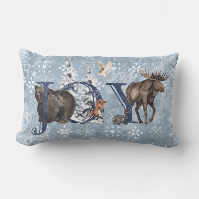 Woodland Blue Bear Moose JOY Snowflake Lumbarkudde (Framsida)