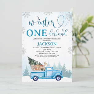 Woodland Blue Lastbil Winter Onederland Birthday Inbjudningar
