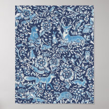 Woodland Blue White Animal Forest Fox Rabbit Bird
