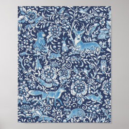 Woodland Blue White Animal Forest Fox Rabbit Bird Poster