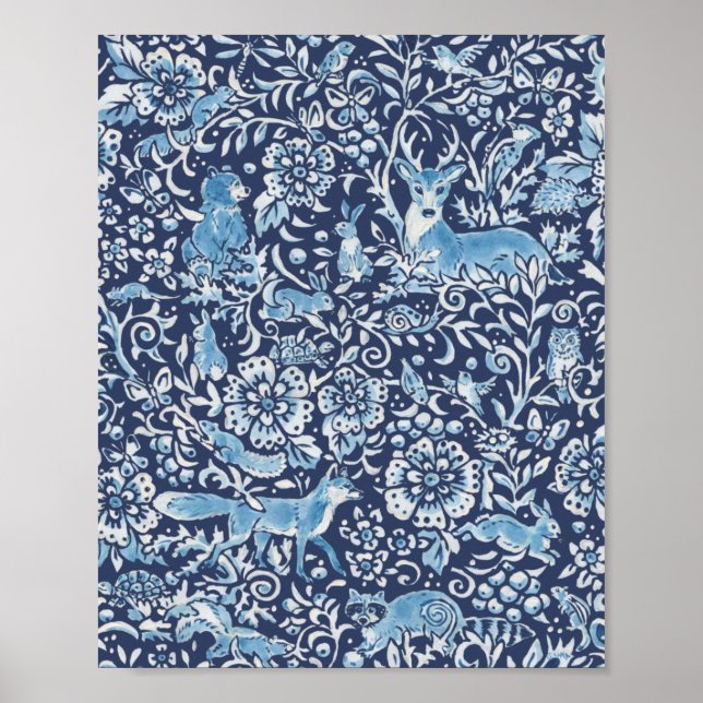 Woodland Blue White Animal Forest Fox Rabbit Bird Poster (Framsidan)