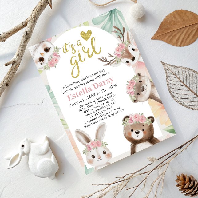 Woodland Boho Girl Baby Shower med Rosa Blommigt Inbjudningar (Skapare uppladdad)