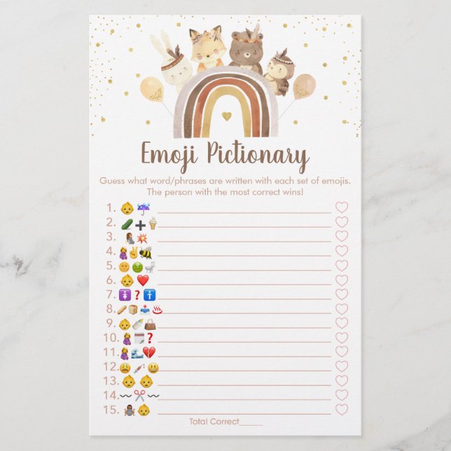 Woodland Boho Rainbow Emoji Pictionary Shower Game (Framsida)