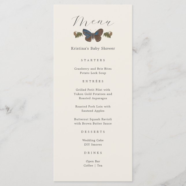 Woodland Botanical Gender Neutral Baby Shower Menu Meny (Framsida)