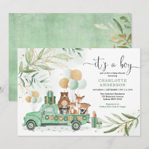 Woodland Boy Shower Watercolor Greenery Guld Inbjudningar