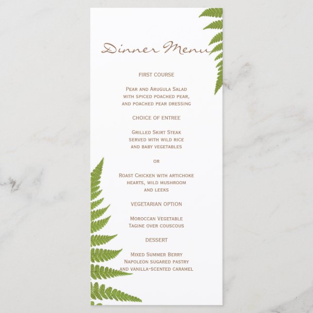 Woodland Bröllop Fern Slim Dinner Menu Meny (Framsida)