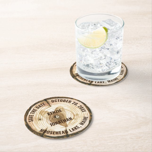 Woodland Bröllop spara datum Träd Ring Heart Underlägg Papper Rund (Insitu)