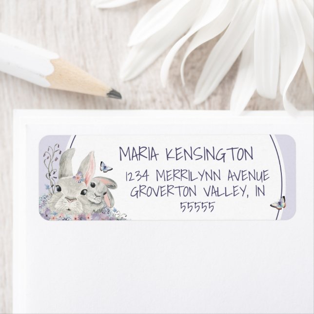 Woodland Bunnies Blommigt Lila Girl Baby Shower Returadress Etikett (Insitu)