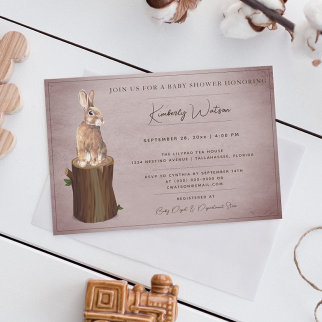 Woodland Bunny Baby Shower | ROSA Inbjudningar (Pink Woodland Bunny Baby Shower Invitation)