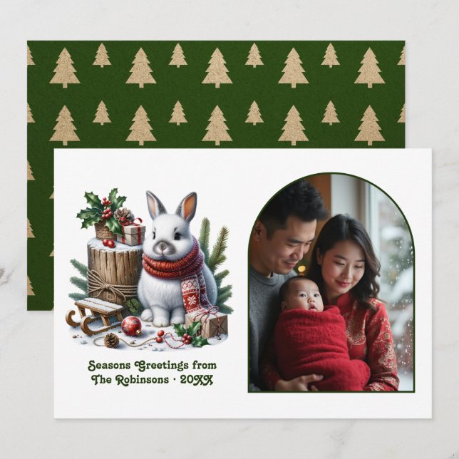 Woodland Bunny Cozy Forest Christmas Holiday Photo Julkort (Fram/baksida)