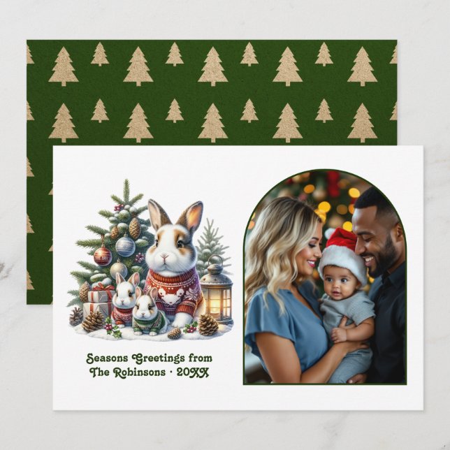 Woodland Bunny Family Cozy Forest Christmas Photo Julkort (Fram/baksida)